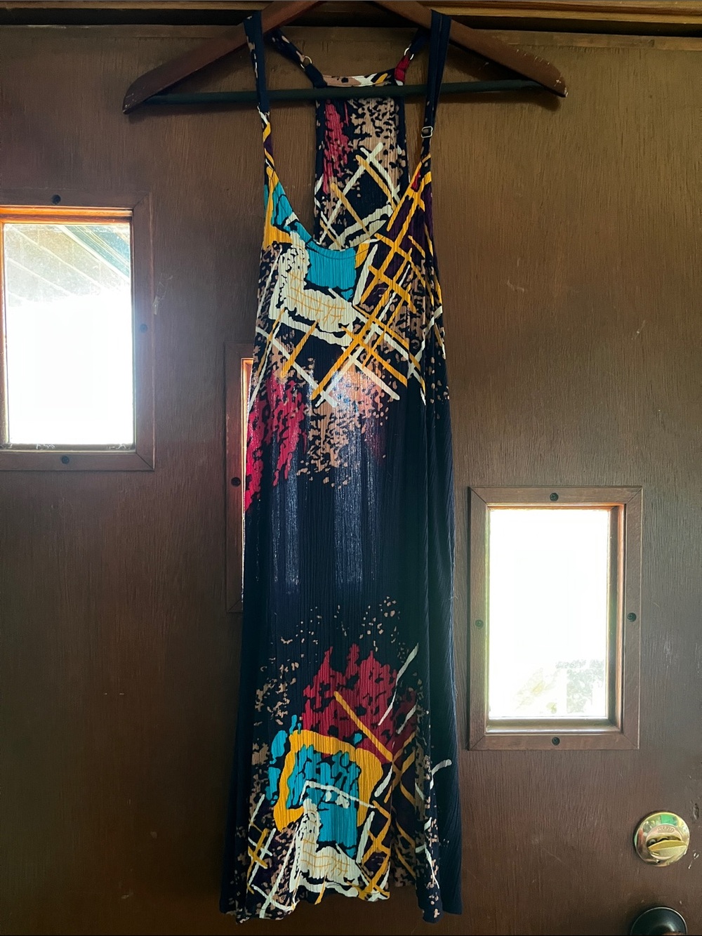 Sleeveless Abstract Print Maxi Dress in Black, Teal, Yellow, Fuchsia L/XL
